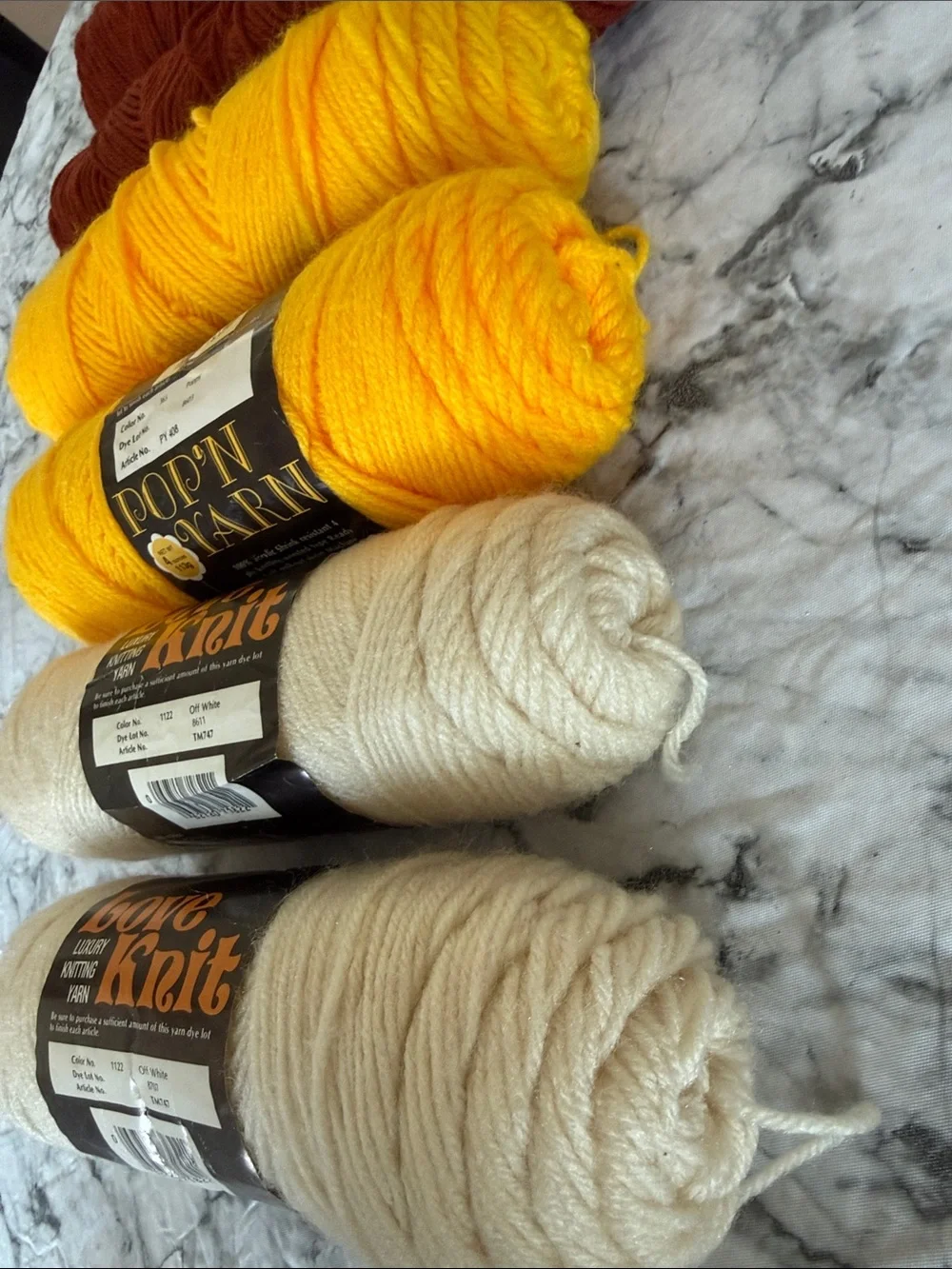 Yarn Bundle, Bright Yellow, Deep Brownish Red & Off White. 7 Skein Bundle.
